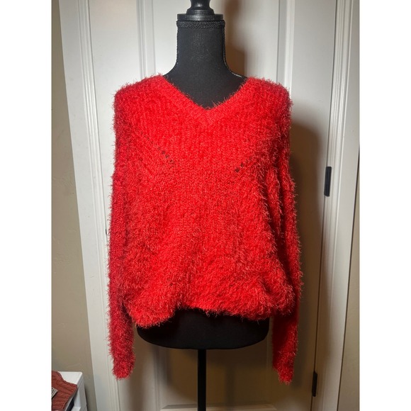 Pink Rose‎ Fuzzy Knit Sweater Red V Neck Long Sleeve Soft Pullover XS - Picture 2 of 5